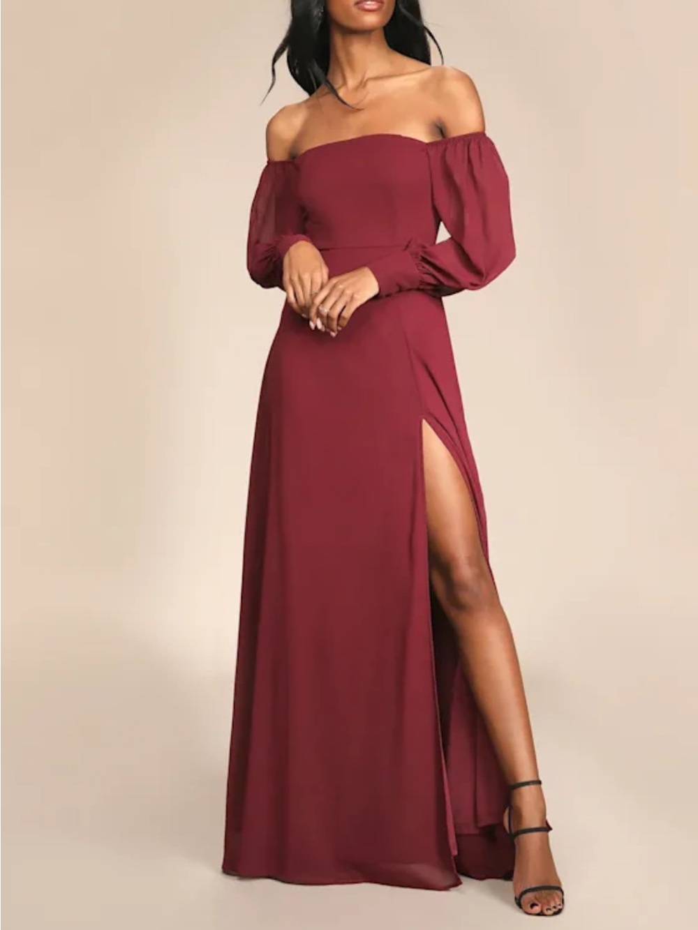 Lulu's Off-Shoulder Burgundy Maxi Dress with Thigh Slit